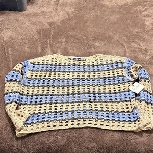 Blue and Cream Crochet Crop Sweater S